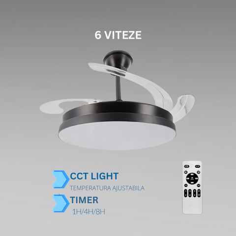 ventilator de tavan cu lustra led cct, 6 viteze, timer, control cu telecomanda