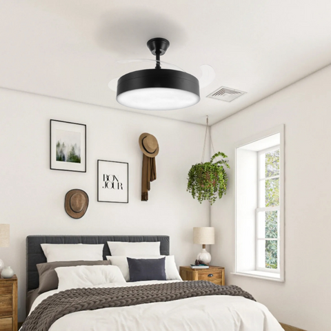 ventilator de tavan cu lustra led neagra, lumina CCT, 6 viteze ventilare, led-box.ro