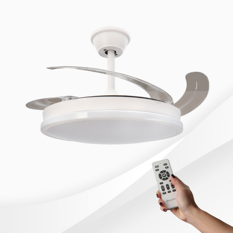 ventilator cu telecomanda si lustra led, ventilator tavan cu lustra led, lustra led CCT cu ventilator tavan, ventilator cu lamele retractabile, ventilator tavan silentios, led-box.ro