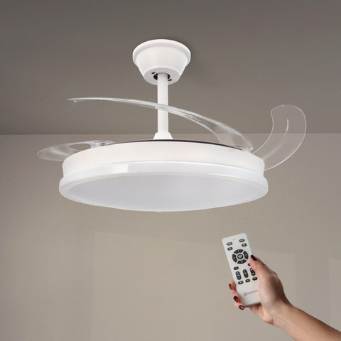ventilator cu telecomanda si lustra led, ventilator tavan cu lustra led, lustra led CCT cu ventilator tavan, ventilator cu lamele retractabile, ventilator tavan silentios, led-box.ro