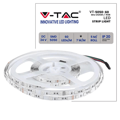 Banda LED RGB V-TAC VT-5050, 24V 60 LED/m IP20, 5 metri - led-box.ro