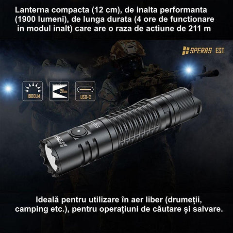 Lanterna tactica reincarcabila SPERAS EST 1900lm 211m USB-C-led-box.ro
