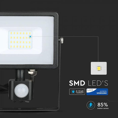 Proiector LED SMD Samsung cu senzor de miscare 20W 6400k IP65, negru - led-box.ro